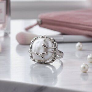 S925 Sterling Silver Adjustable Baroque Pearl Statement Ring Elegant Design
